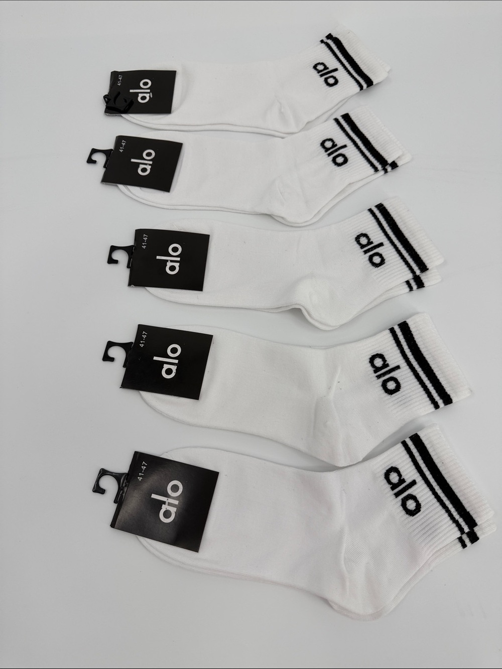 ALO Yoga Men's White Crew Socks with Black Stripe Accents 5 Pairs